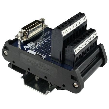 Asi DB15 Male Breakout Board, 15 Pin Male D-Sub Connector to Screw Terminal Block, DIN Rail Mount 11002